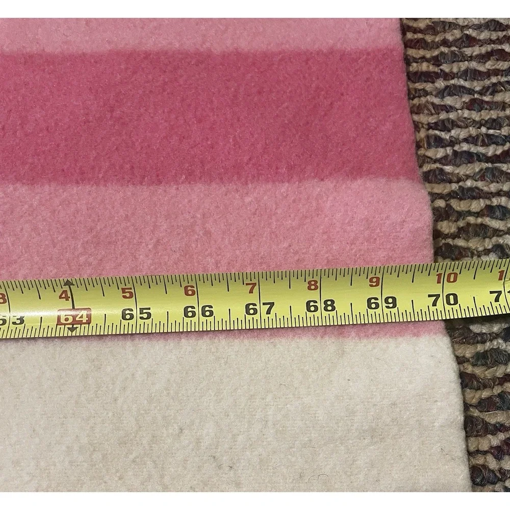 Vtg Baron Woolen Mills Wool Blanket Pink White Stripe Satin Trim 70